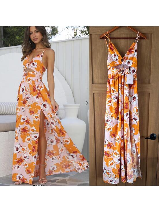Hello Molly Dresses & Skirts - NWT Hello Molly Evergreen Heights Slit Leg Maxi Dress Orange Floral Women’s XS